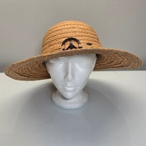 Scala Collezione Wide Brim Raffia Straw Sun Hat OS Peace Sign Boho Summer Beach